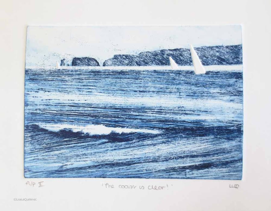 Original etching artist proof print of sailing boats at Old Harry Rocks