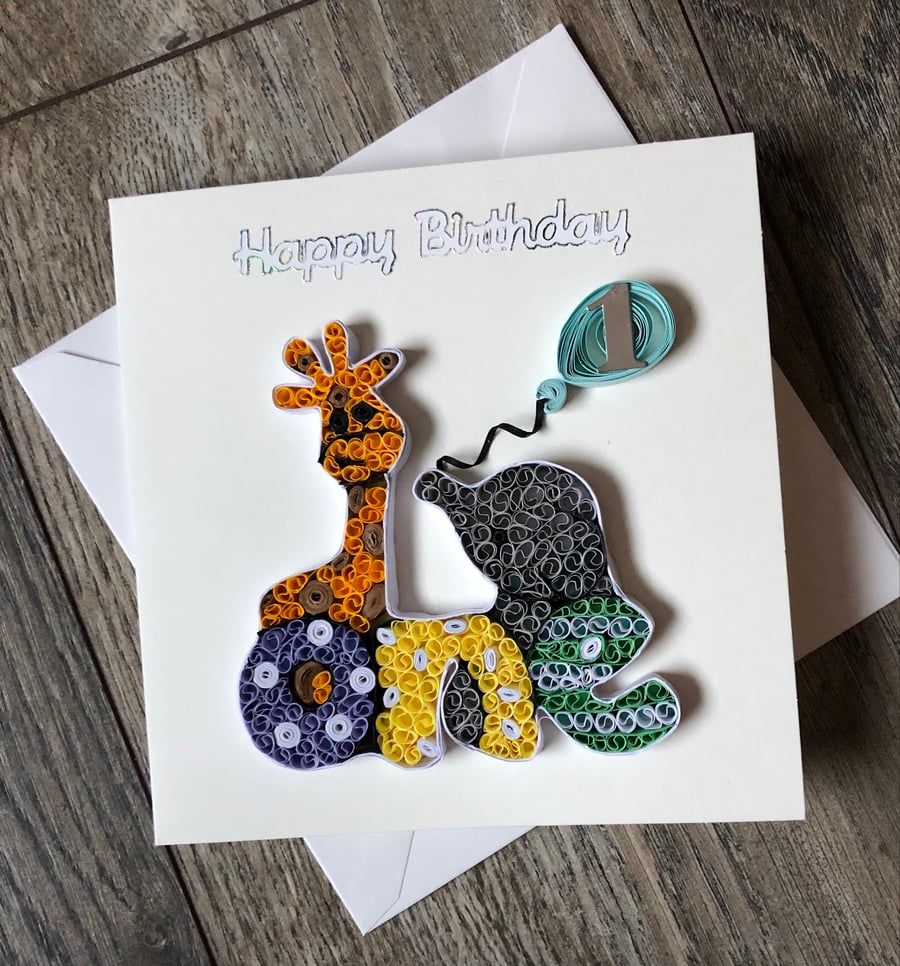 Handmade quilled first birthday card