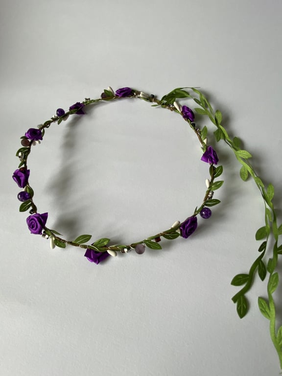 Purple Fabric Flower Crown with Amethyst and beads - One size, Long Lasting!
