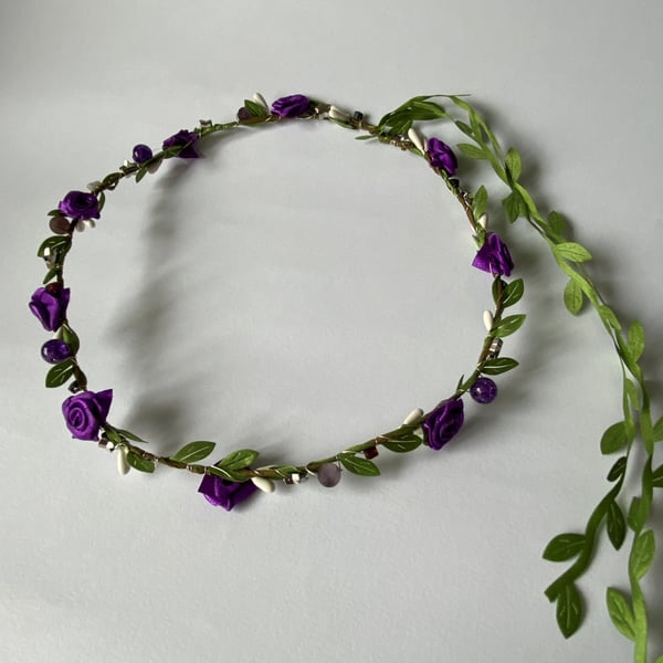 Purple Fabric Flower Crown with Amethyst and beads - One size, Long Lasting!