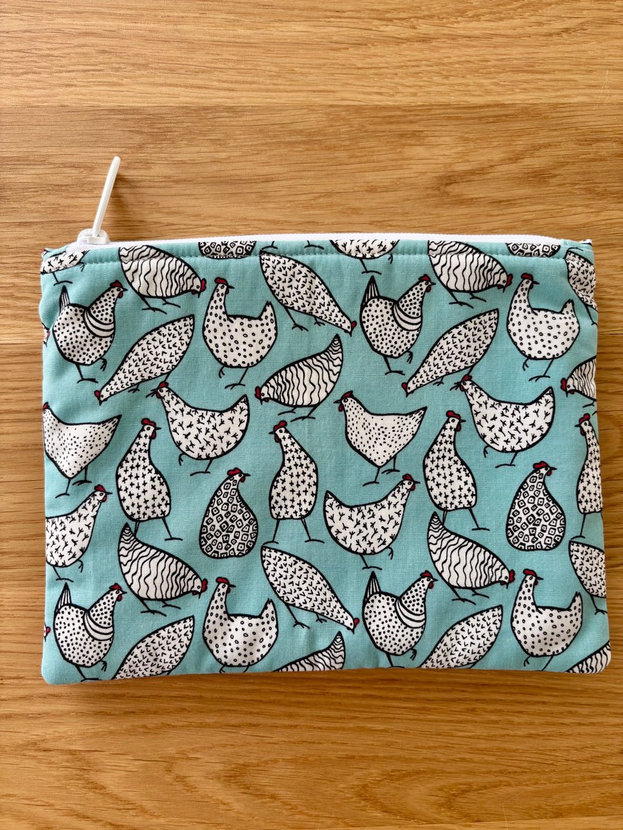 Zipped fabric pouch, purse, make up bag, in a blue chicken print