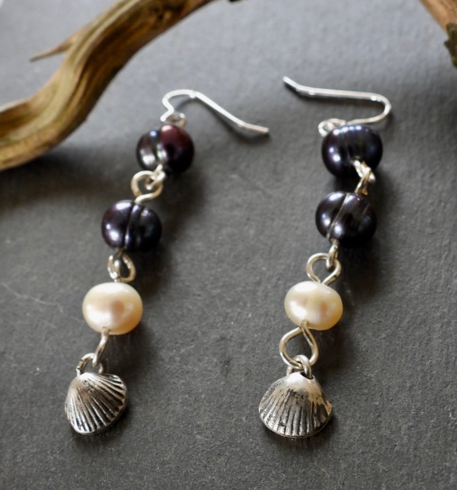 Real Black and White Pearl, With a Silver Shell Charm Earrings.