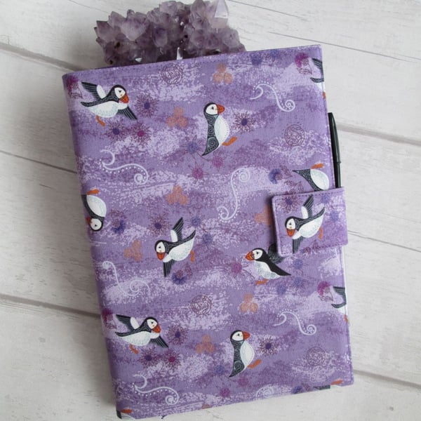 SOLD - A5 Reusable Notebook Cover - An Improbability of Puffins, Puffin Notebook