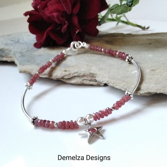 Designer Dainty Natural African Ruby Sterling Silver Bangle Style Bracelet 