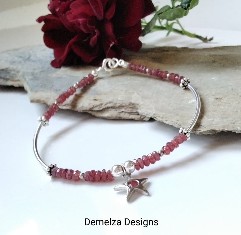 Designer Dainty Natural African Ruby Sterling Silver Bangle Style Bracelet 