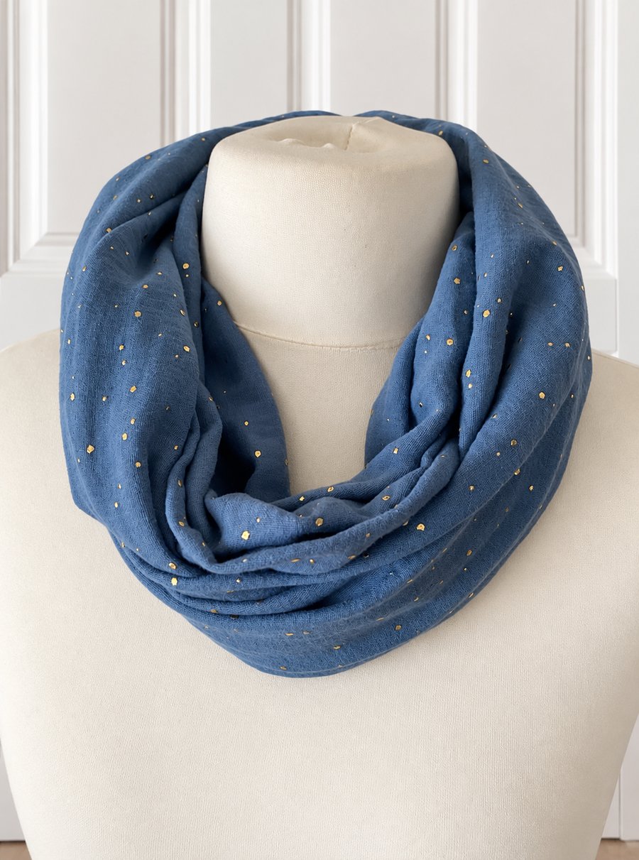 Denim Blue with Gold Speckles Infinity Scarf, 100% cotton 