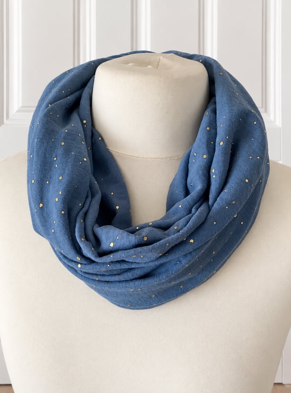 Denim Blue with Gold Speckles Infinity Scarf, 100% cotton 