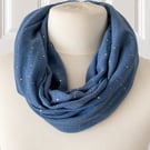 Denim Blue with Gold Speckles Infinity Scarf, 100% cotton 