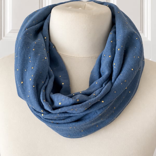Denim Blue with Gold Speckles Infinity Scarf, 100% cotton 