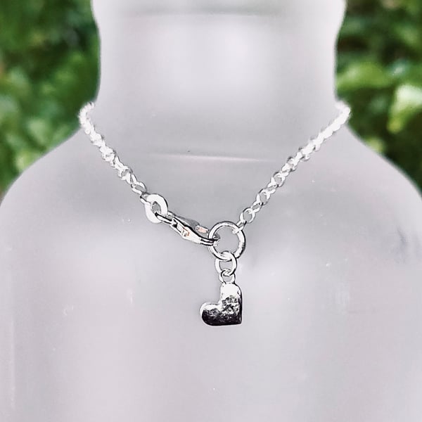 Tiny Hammered Heart Charm Sterling Silver Bracelet