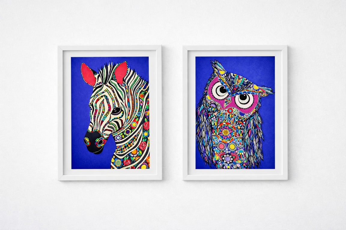 Owl and Zebra Set of 2 Fine Art Prints