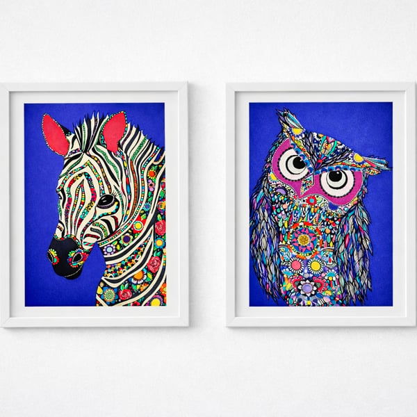 Owl and Zebra Set of 2 Fine Art Prints