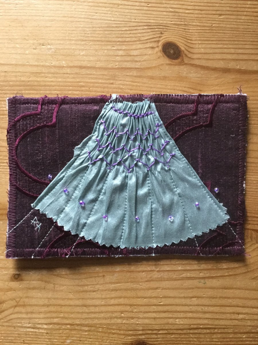 Hand Smocked and Beaded Silk Sampler Post Card, Blue on Purple S7