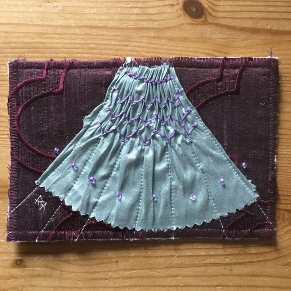 Hand Smocked and Beaded Silk Sampler Post Card, Blue on Purple S7