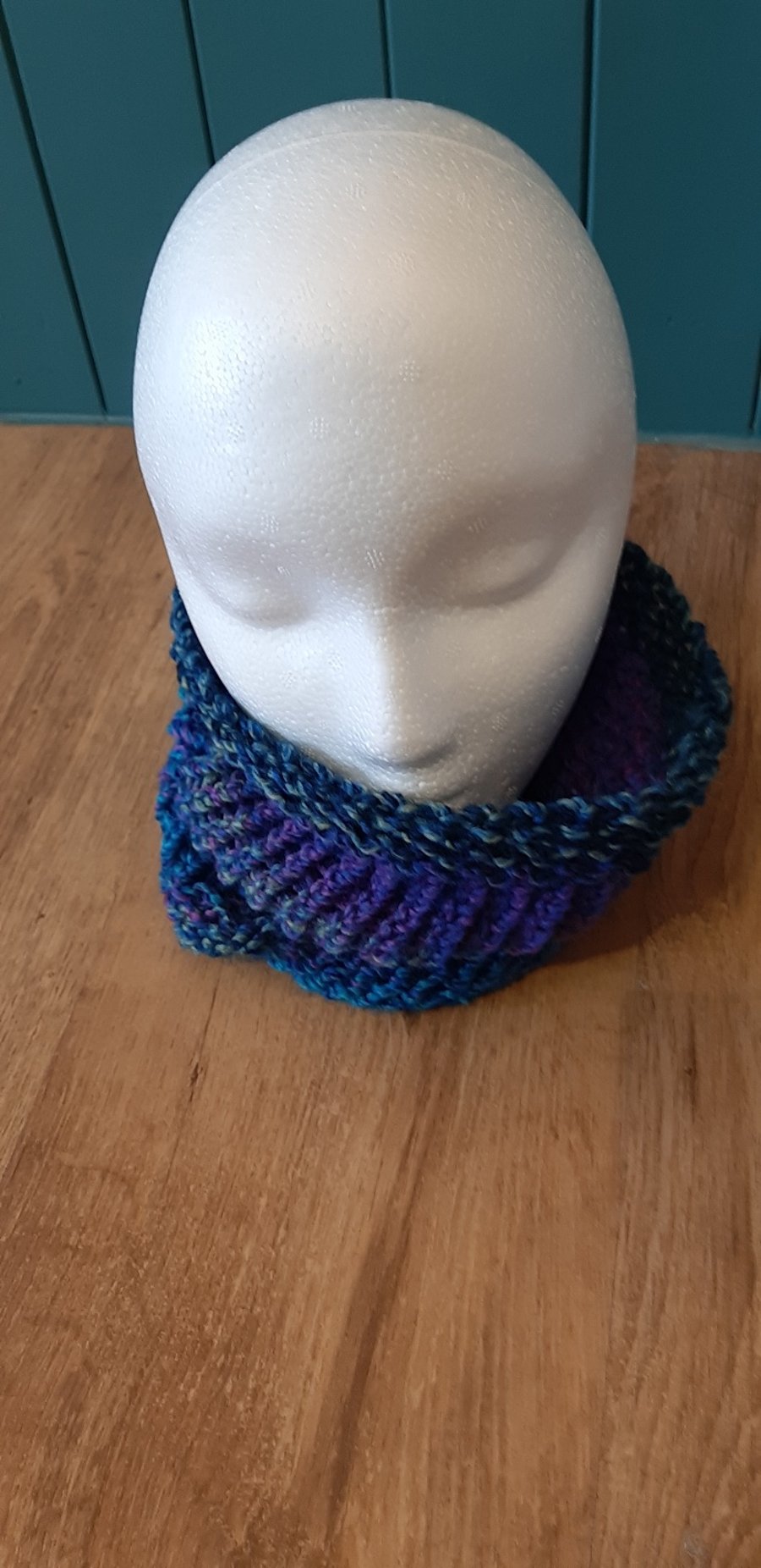 Variegated Blue-Purple Hand Knitted Cowl (12 inches long)