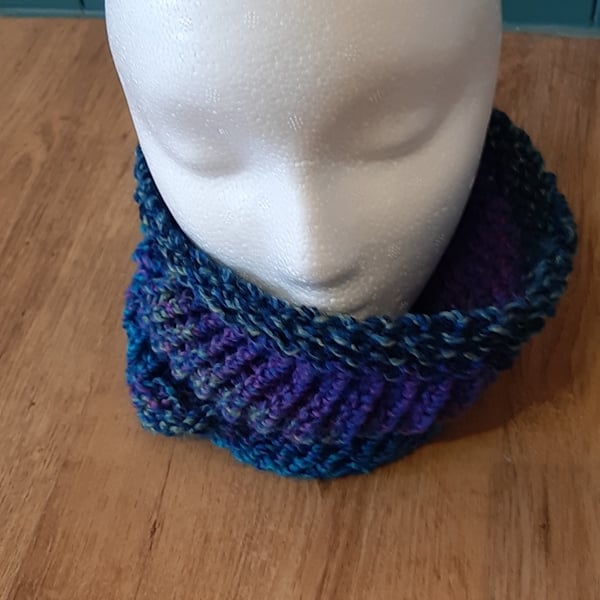 Variegated Blue-Purple Hand Knitted Cowl (12 inches long)