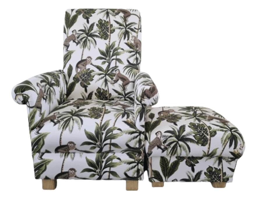 Fryetts Monkeys Natural Adult Chair & Footstool Jungle Armchair Green Nursery 