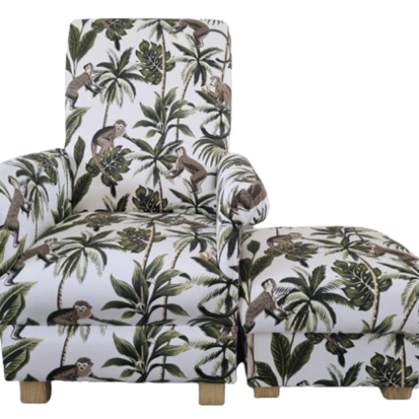 Fryetts Monkeys Natural Adult Chair & Footstool Jungle Armchair Green Nursery 