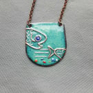 BEAUTIFUL ENAMELLED NECKLACE WITH COPPER FISH IN SEA GREEN