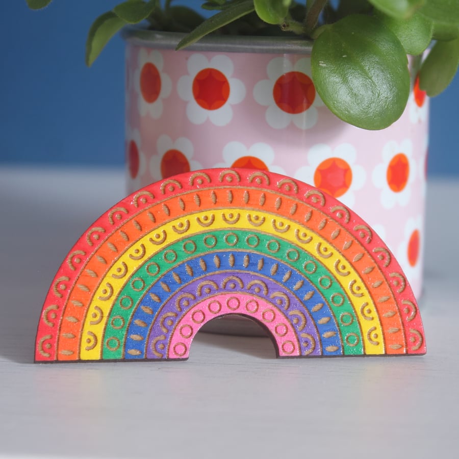 Bright Rainbow Wooden Brooch - Etched and Hand Painted