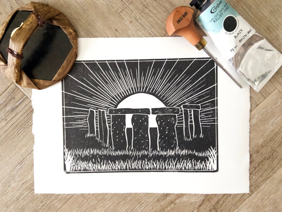 Stonehenge Solstice Linoprint: Hand-Burnished Art Print