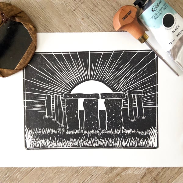 Stonehenge Solstice Linoprint: Hand-Burnished Art Print