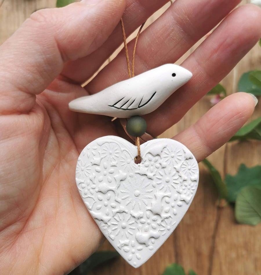 Porcelain Heart and Bird hanging - dove - love token