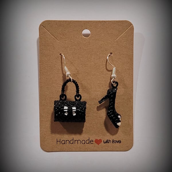 Black Resin Handbag & Shoe Dangle Earrings, Silver Plated Hooks, Pillow Gift Box