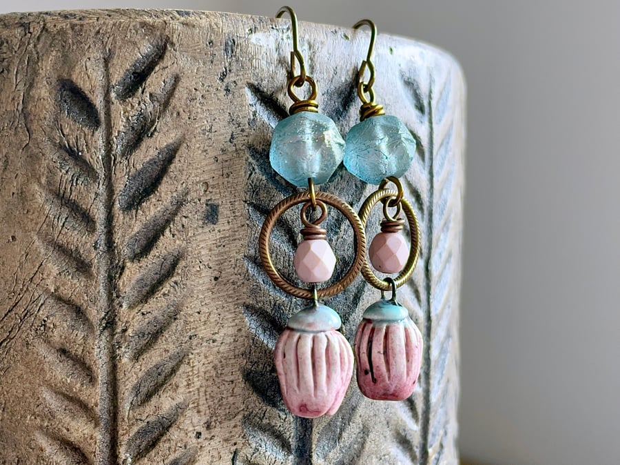 Artisan Ceramic Drop Earrings. Bell Flower Earrings. Aqua & Pink Earrings
