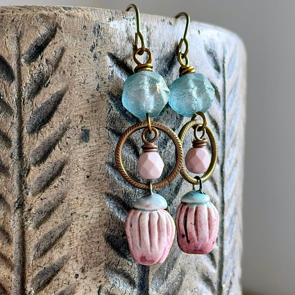 Artisan Ceramic Drop Earrings. Bell Flower Earrings. Aqua & Pink Earrings