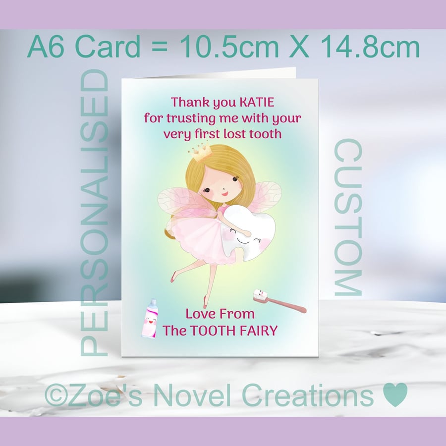 Tooth Fairy A6 Greetings Card, portrait card, personalised