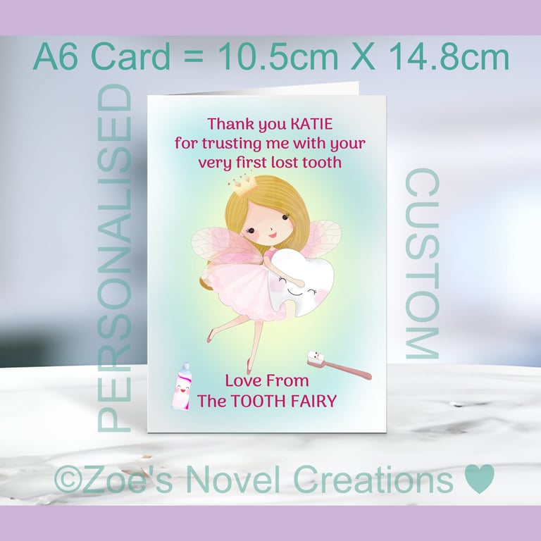 Tooth Fairy A6 Greetings Card, portrait card, personalised