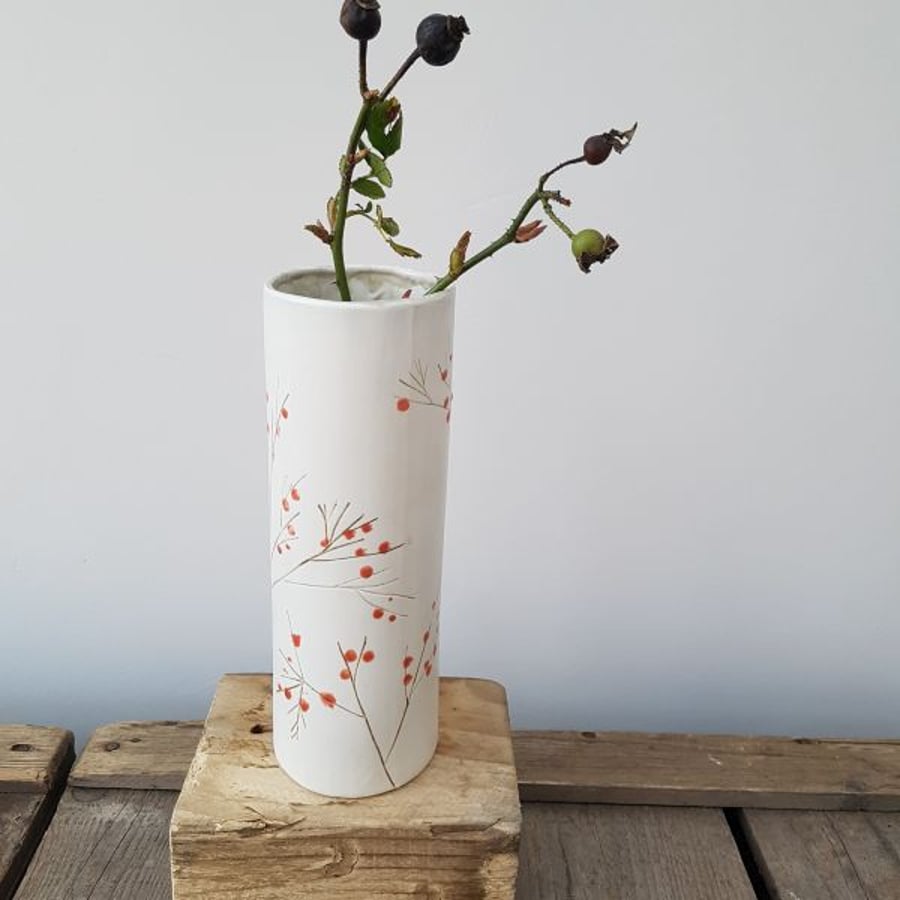 Red Berries Ceramic Cylinder Vase