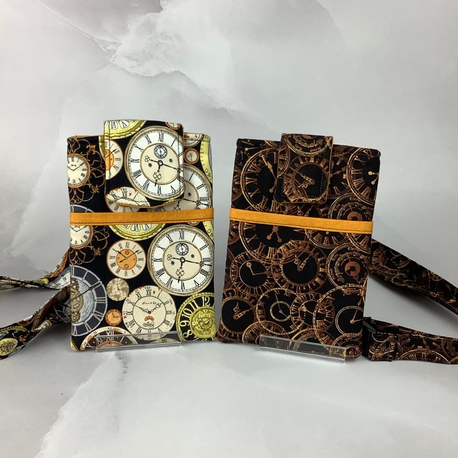 Clocks neck bag, Steampunk phone cover, Travel case, Detachable strap, 2 options