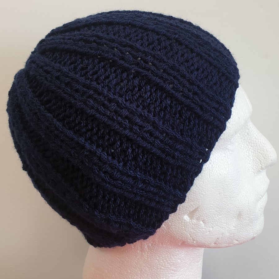 Hand knitted men hat, handmade skull hat, navy beanie, handknit warm men hat