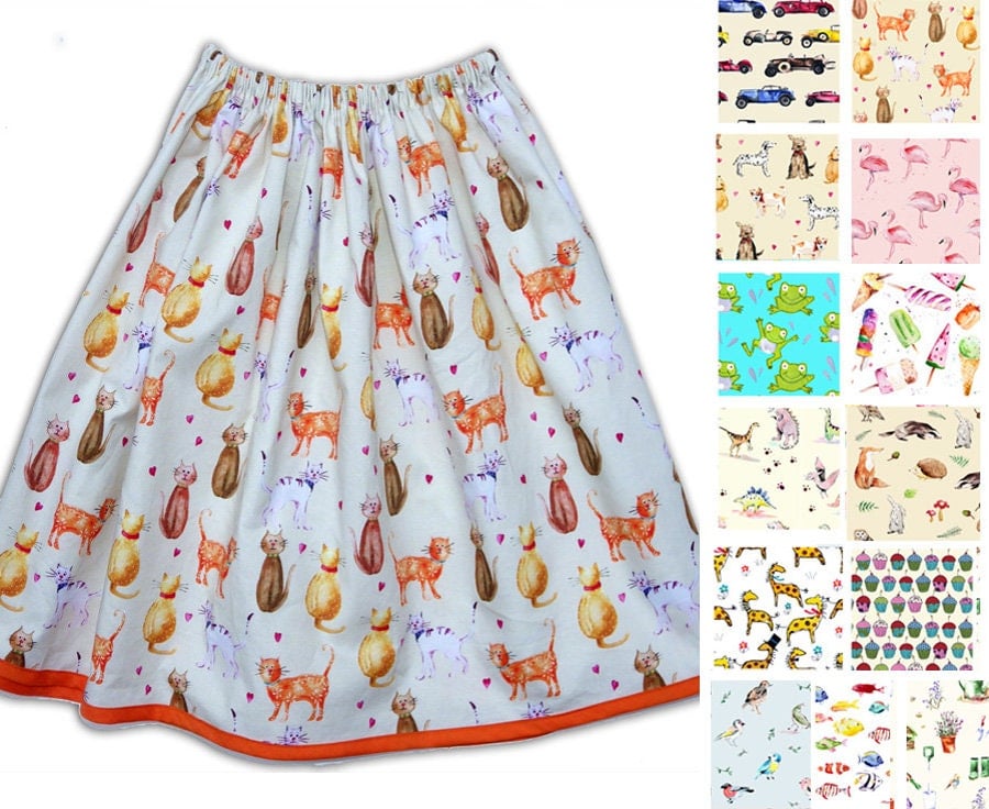 Women's skirt, Choose your Fabric, Cars, Cake, Frog, Dinosaurs, Flamingo, Cat, 