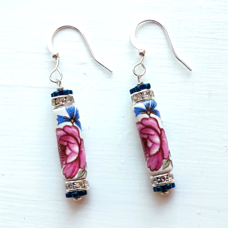 Floral Ceramic Tube Dangle Silver Earrings With Crystal and Hematite 