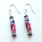 Floral Ceramic Tube Dangle Silver Earrings With Crystal and Hematite 