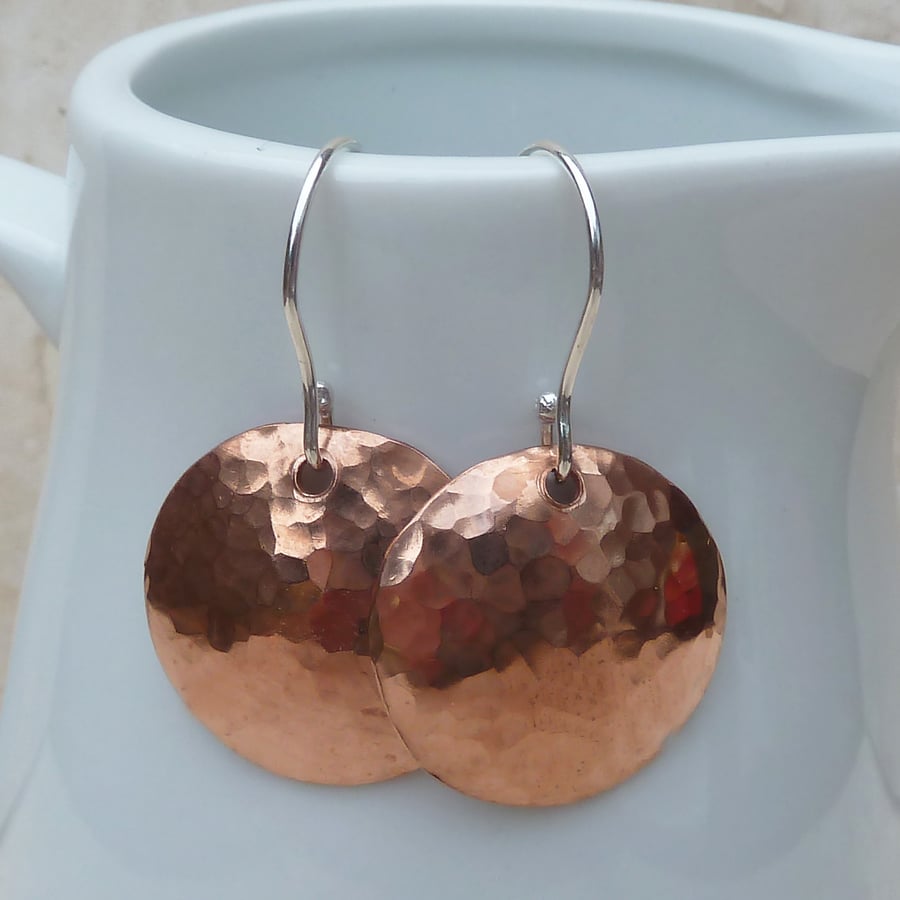 Hammered Copper Dome Earrings with Sterling Silver Hooks - MET004