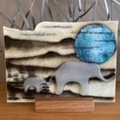 Handmade fused glass Mother and Baby Elephant panel with wooden stand