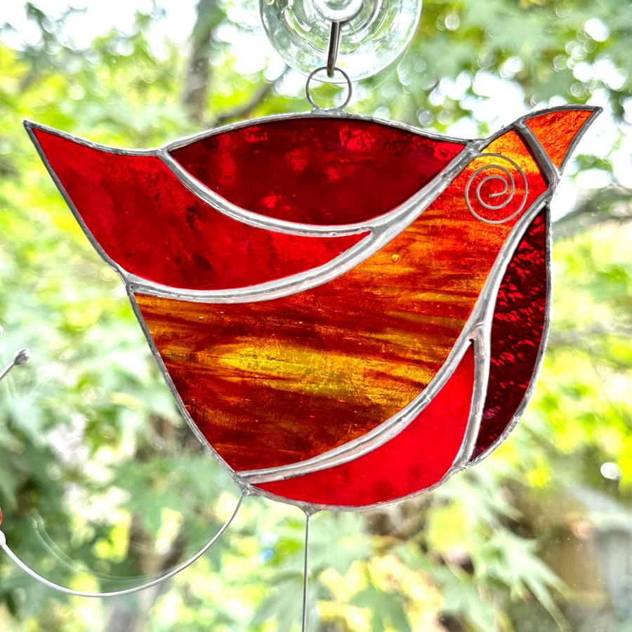 Stained Glass Funky Bird Suncatcher  - Red 