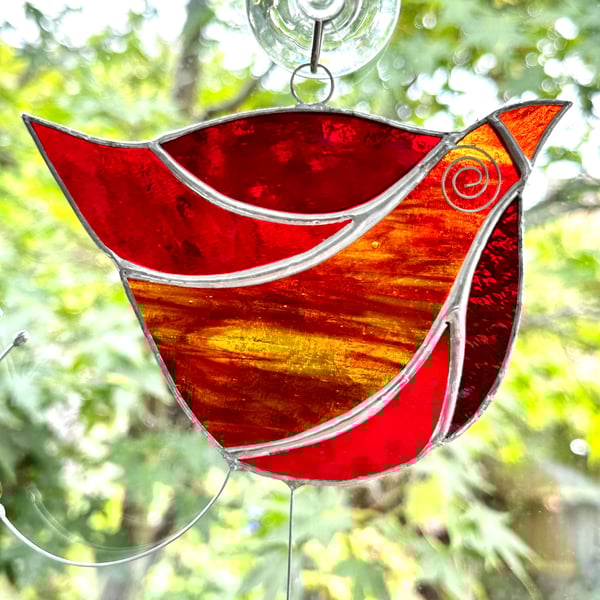 Stained Glass Funky Bird Suncatcher  - Red 