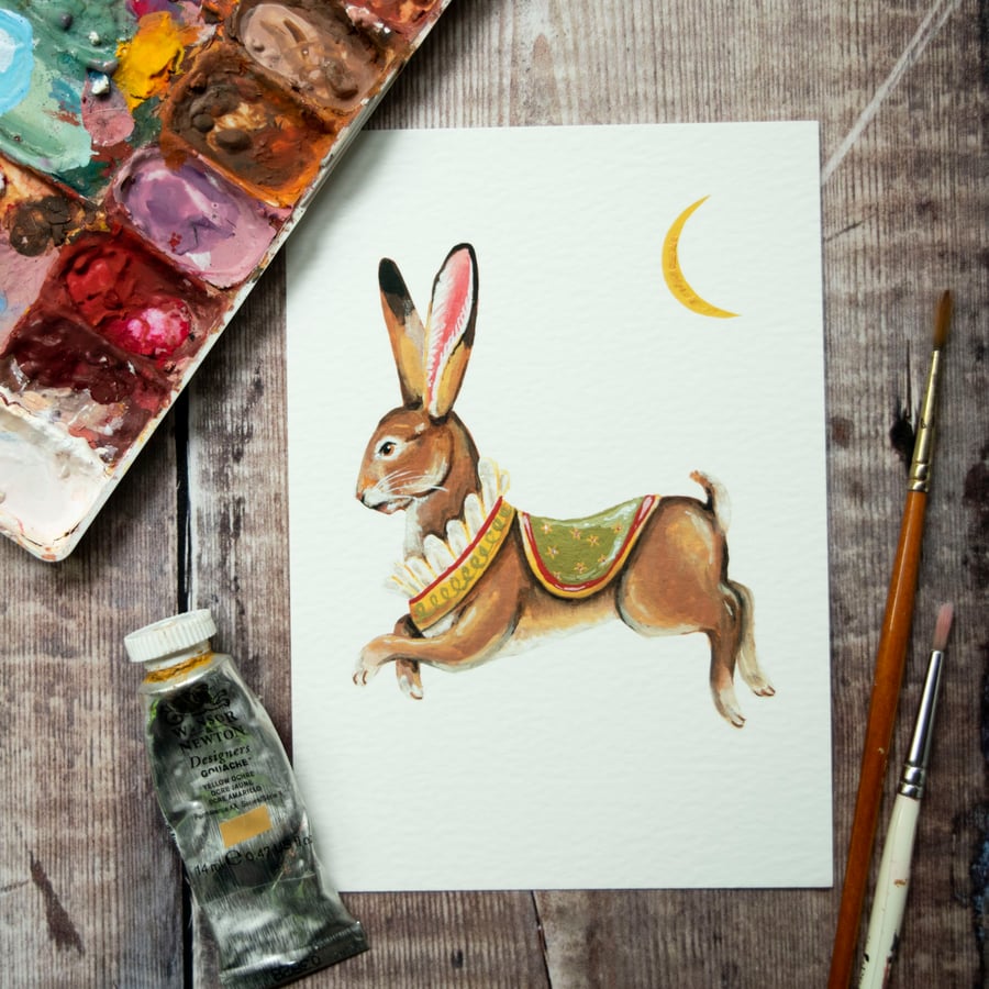 Mini art print of a carousel hare called Percy. A6 in size, hand embellished 