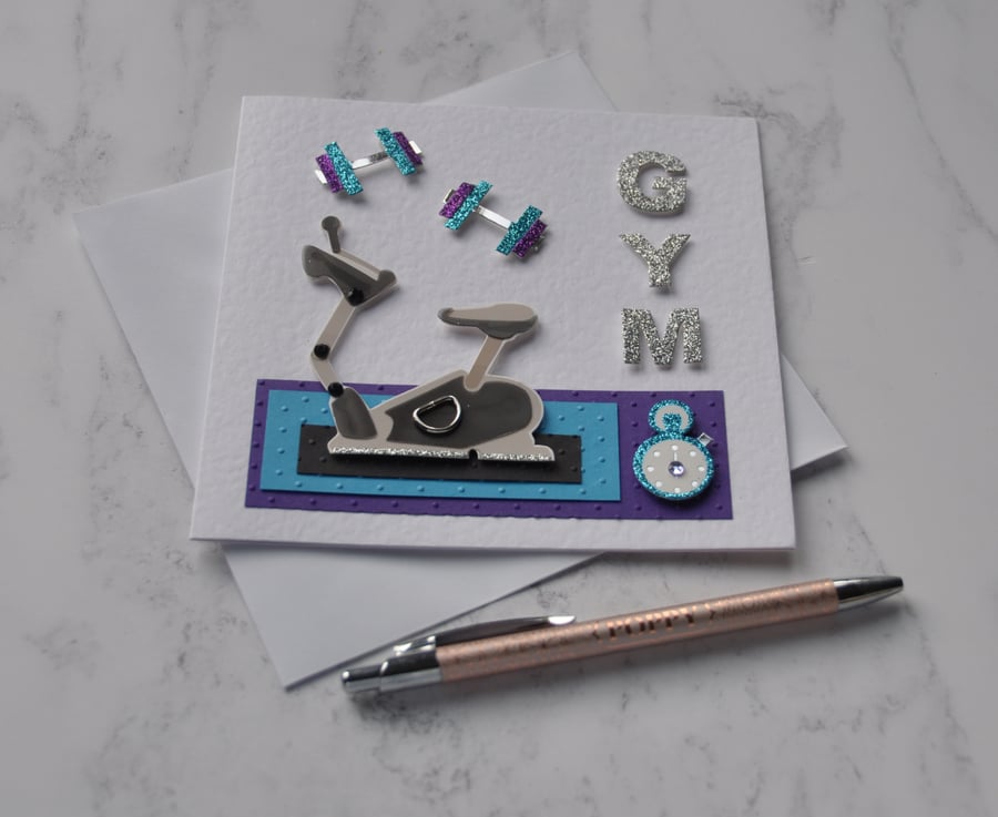 Gym Birthday Card Bicycle Dumbbells Weights Stop Watch Gym Bunny 3D Handmade