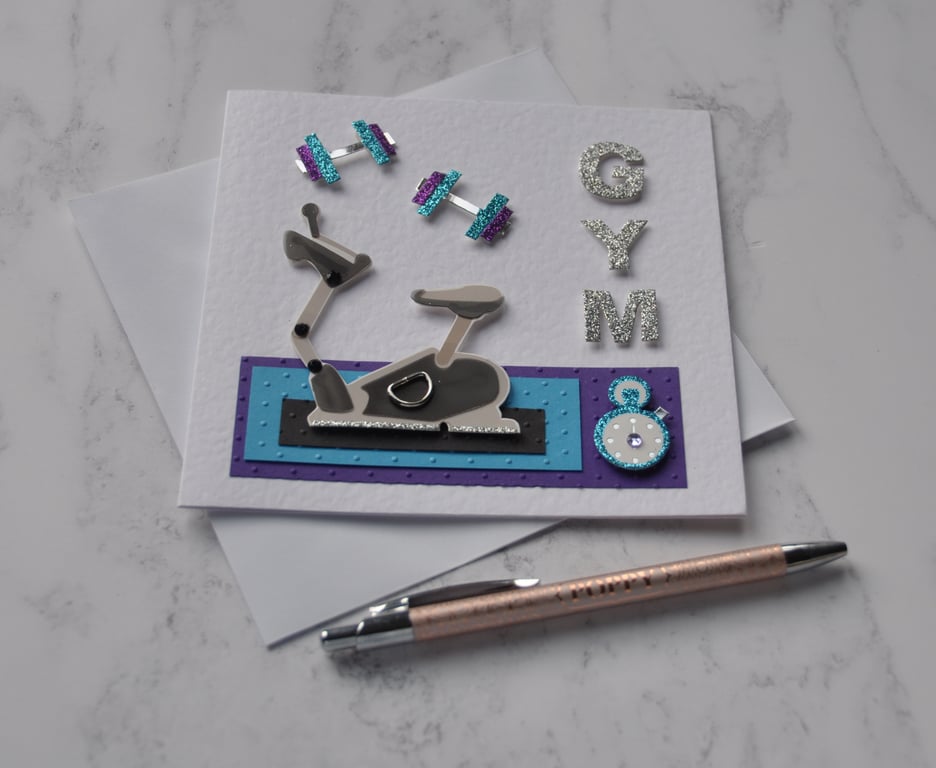Gym Birthday Card Bicycle Dumbbells Weights Stop Watch Gym Bunny 3D Handmade