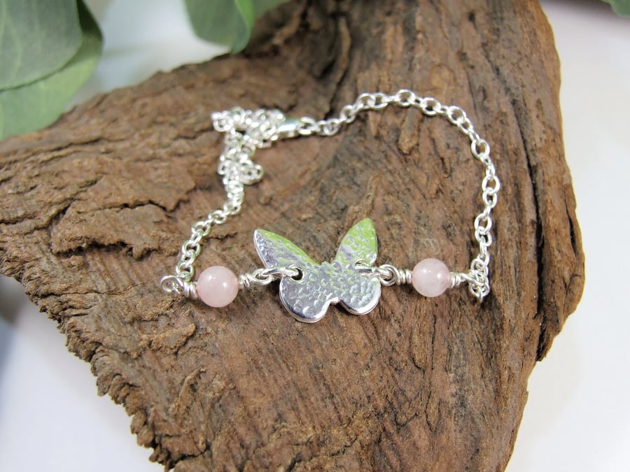 Butterfly Bracelet. Sterling Silver and Rose Quartz Adjustable Fit.