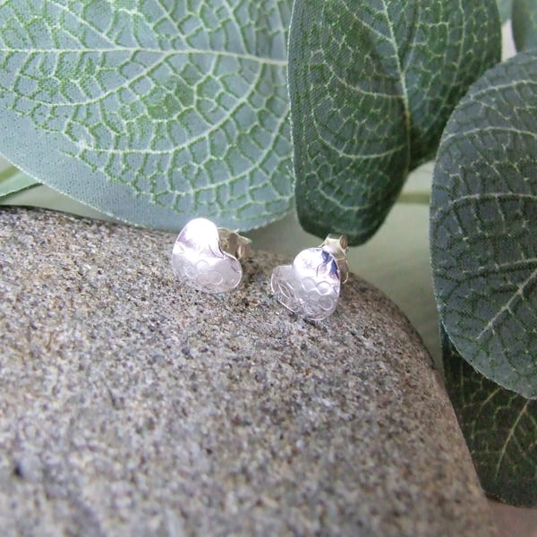 Small Heart Stud Earrings, Recycled Silver Patterned Studs 10mm