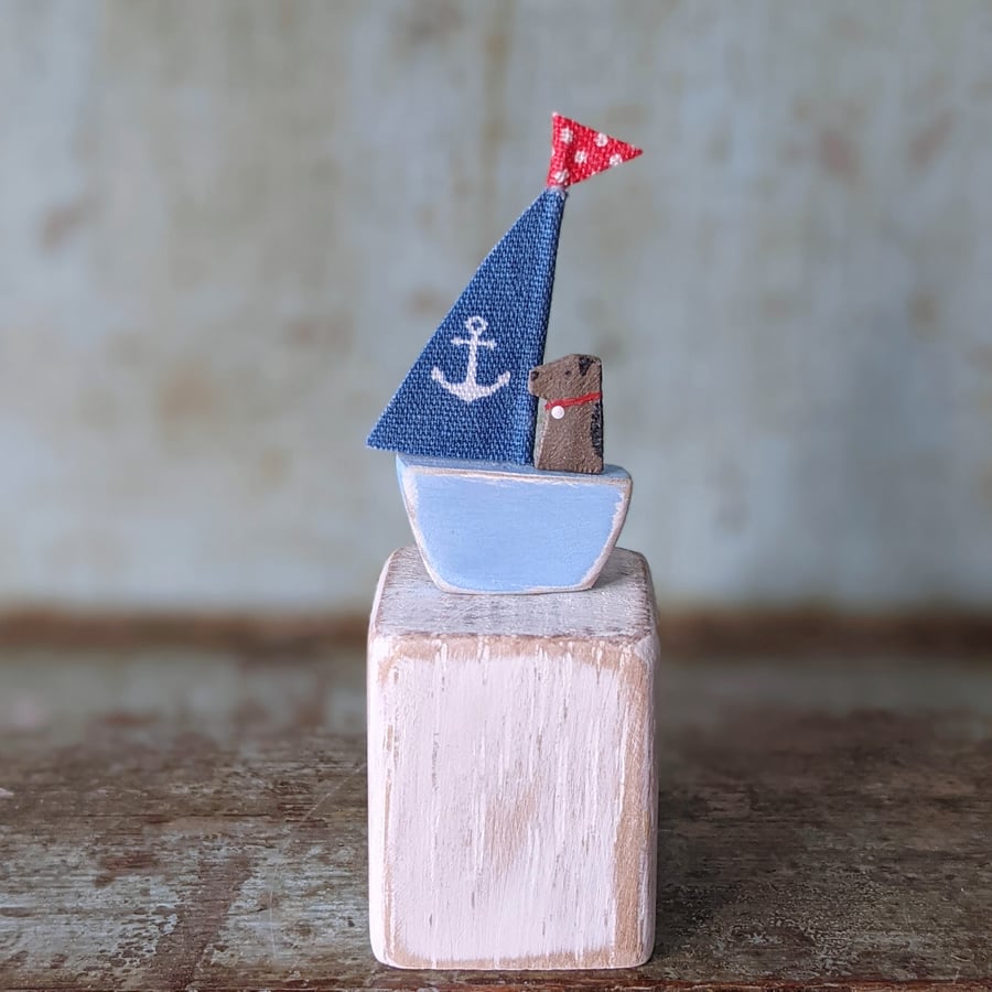 Tiny Nautical Decoration, Salty Seadog, Blue Anchor and Pale Blue Boat