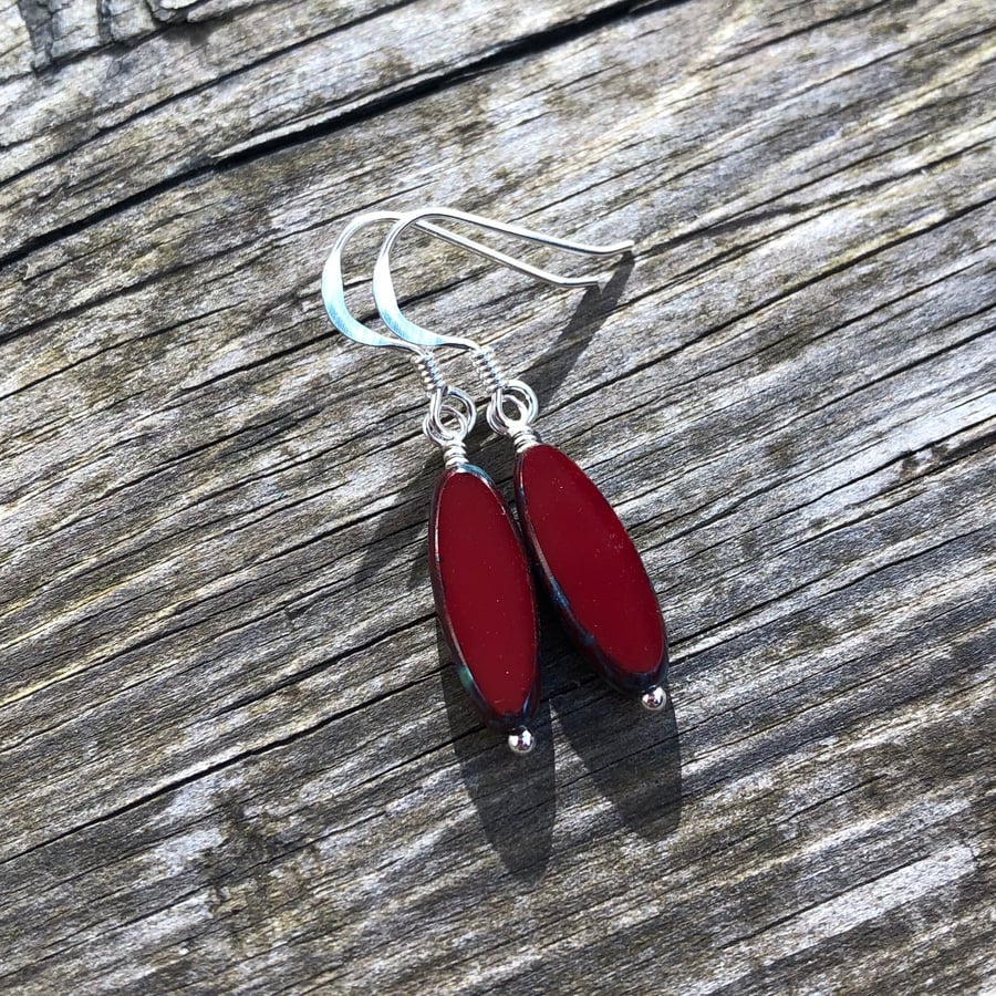 Dark Red Spindle Glass Earrings. Sterling Silver Earrings