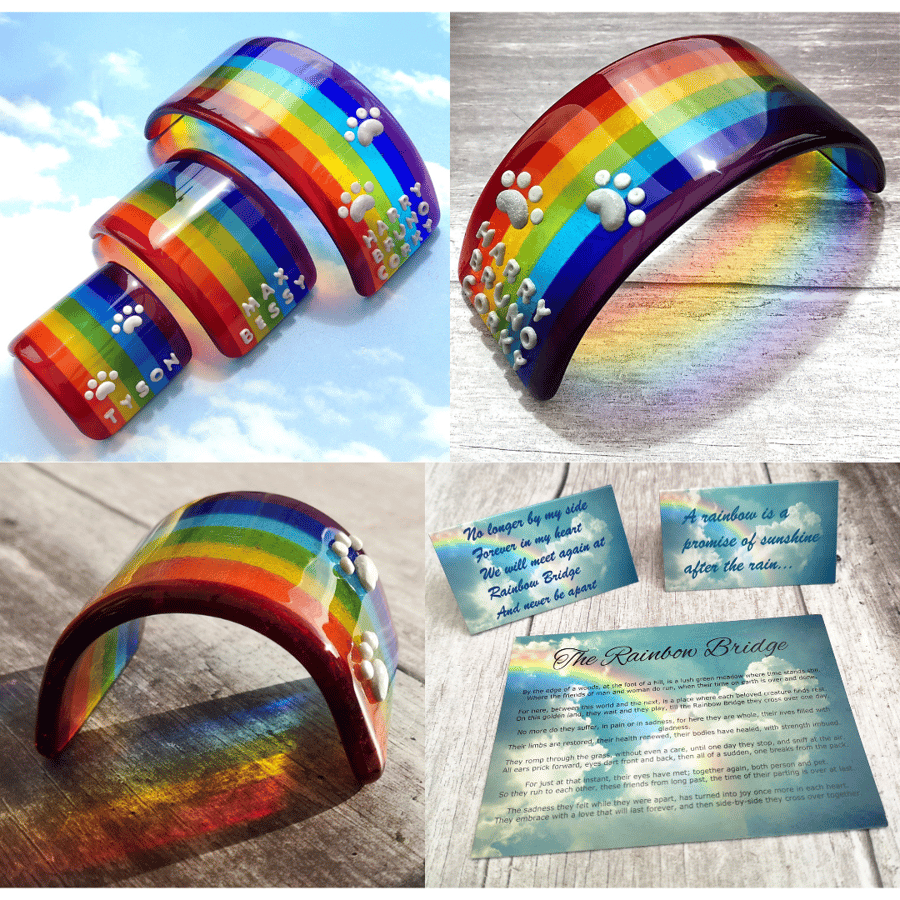 Glass Rainbow Bridge For Pet Loss - 3D Name, Paw Prints, Choice Of Gift Card